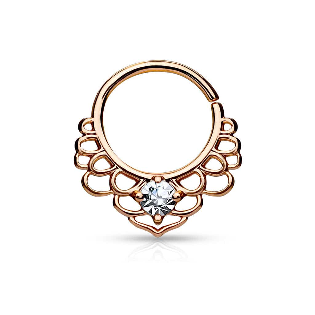טבעת פירסינג רוז גולד גמיש לוטוס עם יהלום שקוף